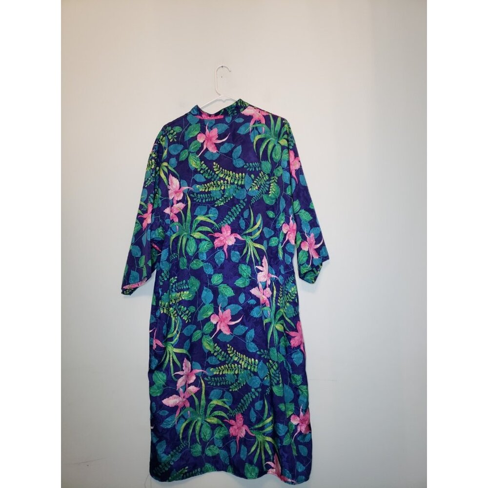 Valerie Stevens Womens L House Dress Full Zip Tropical Floral Satin Midi Asian - Picture 2 of 6